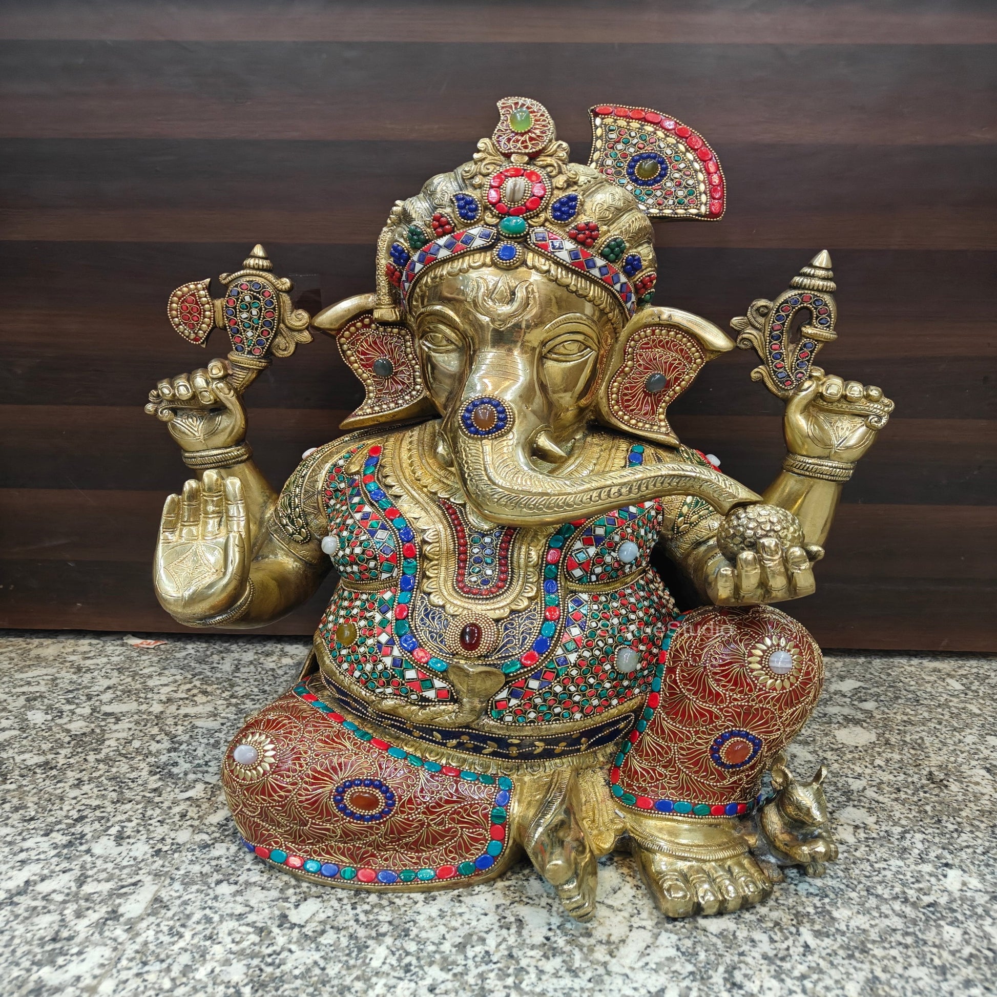 Brass Large Majestic Ganesha Sculpture With Stone Work 20 Inches - Image 3