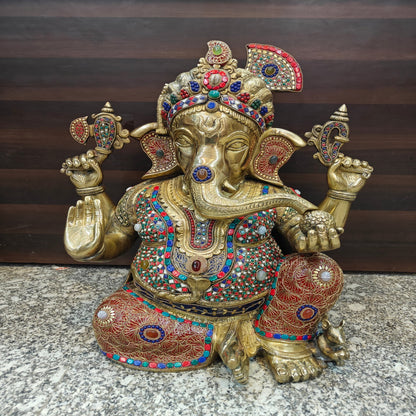 Brass Large Majestic Ganesha Sculpture With Stone Work 20 Inches by vendor-unknown - Hindu Gods (View 3)