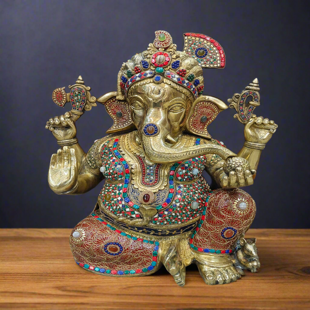 Brass Large Majestic Ganesha Sculpture With Stone Work 20 Inches - Eco-friendly - Sama Homes
