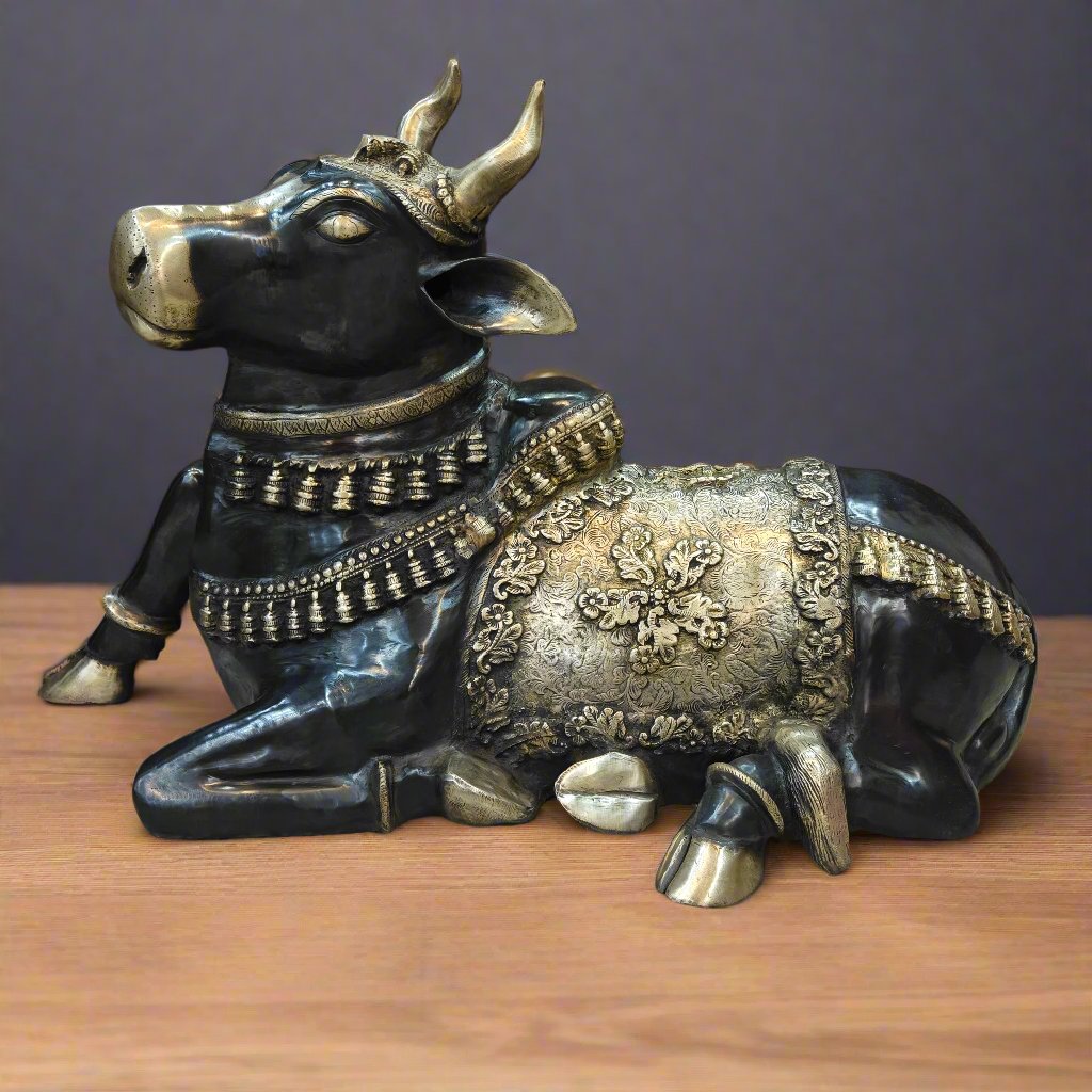 Brass Large Nandi Sculpture Antique Finish 33 inch - Eco-friendly - Sama Homes