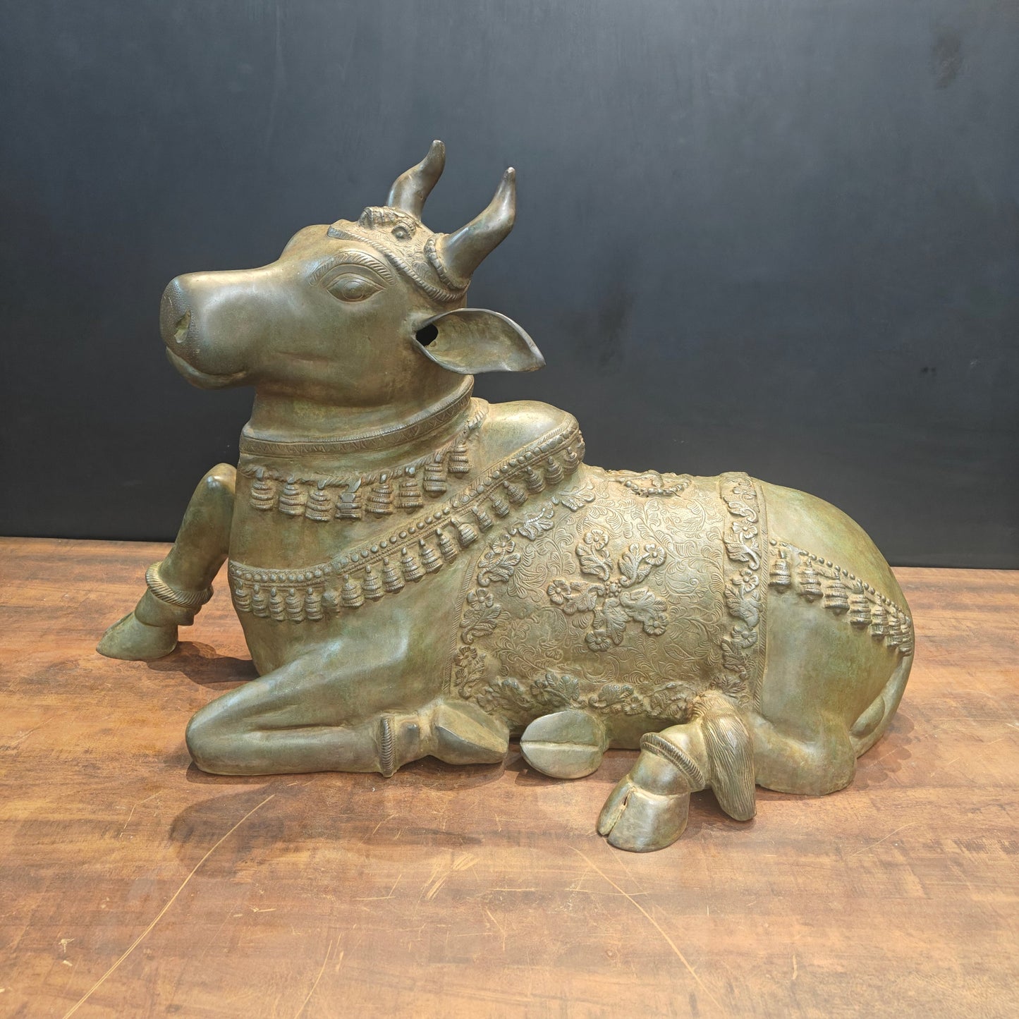 Brass Large Nandi Sculpture Green Patina Finish 33 Inches