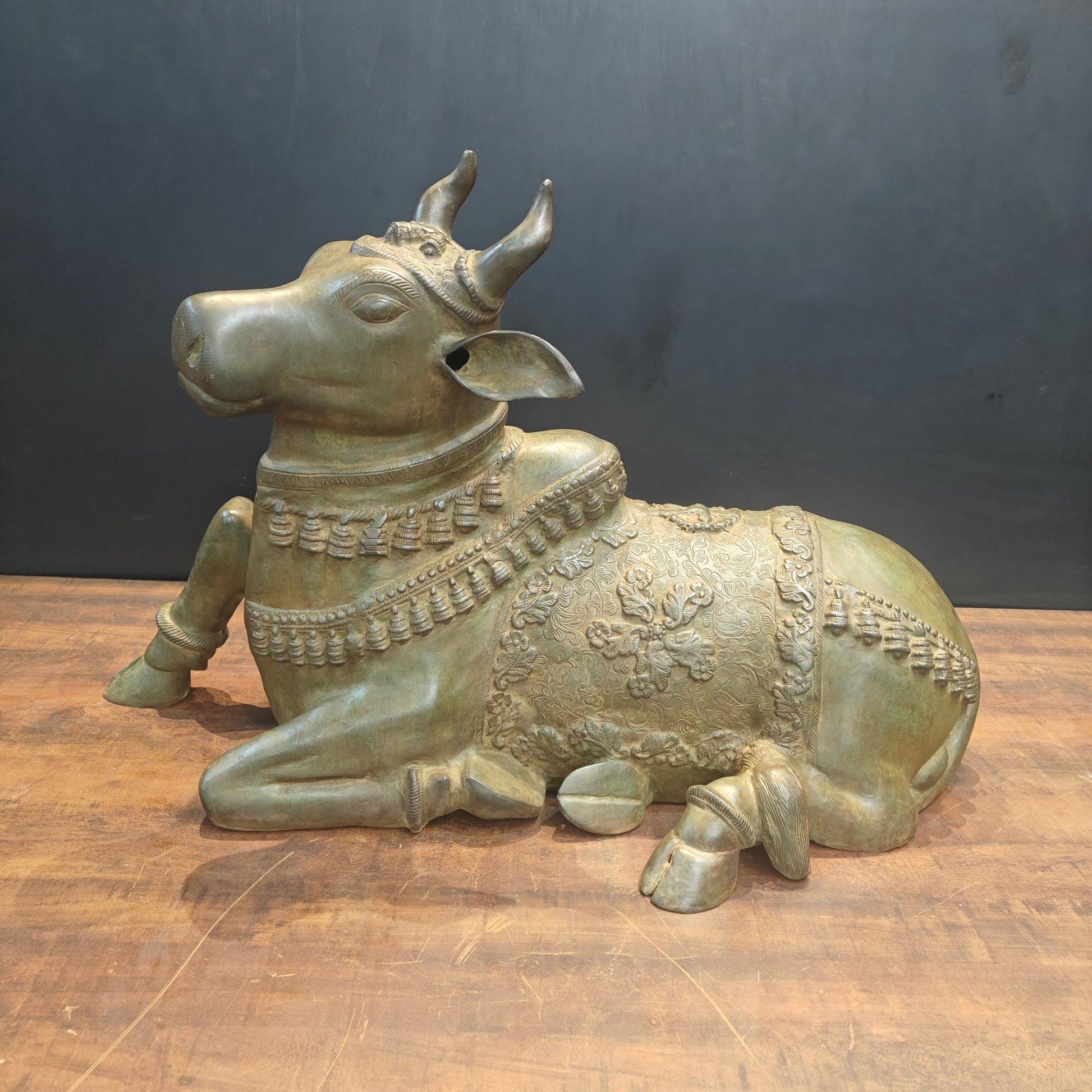 Brass Large Nandi Sculpture Green Patina Finish 33 Inches - Image 4