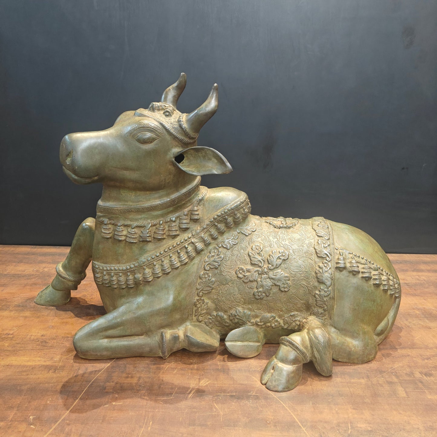 Brass Large Nandi Sculpture Green Patina Finish 33 Inches
