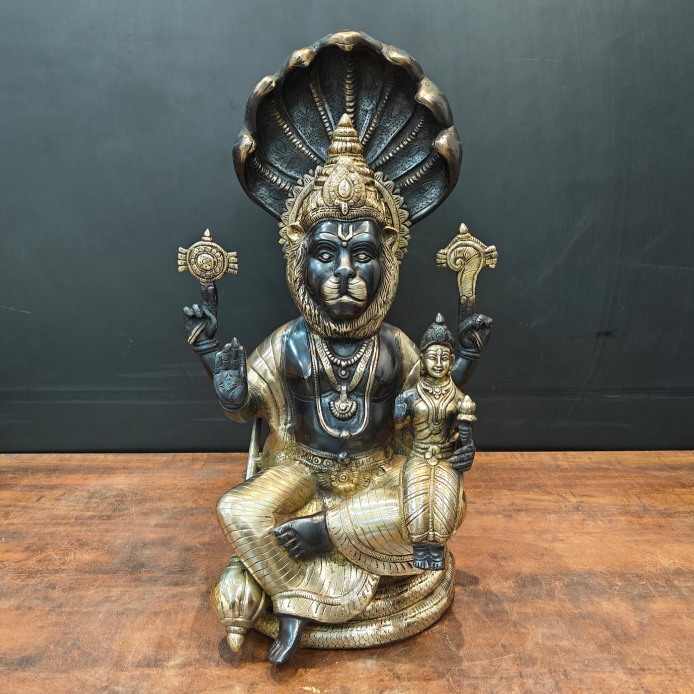 Brass Large Narasimha Lakshmi Idols Black Patina Finish 2 Feet