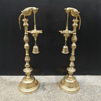 Brass Large Parrot Lamp Diya Pair With Bell 3 Feet by vendor-unknown - Spiritual
