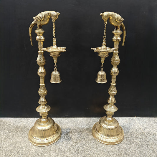 Brass Large Parrot Lamp Diya Pair With Bell 3 Feet