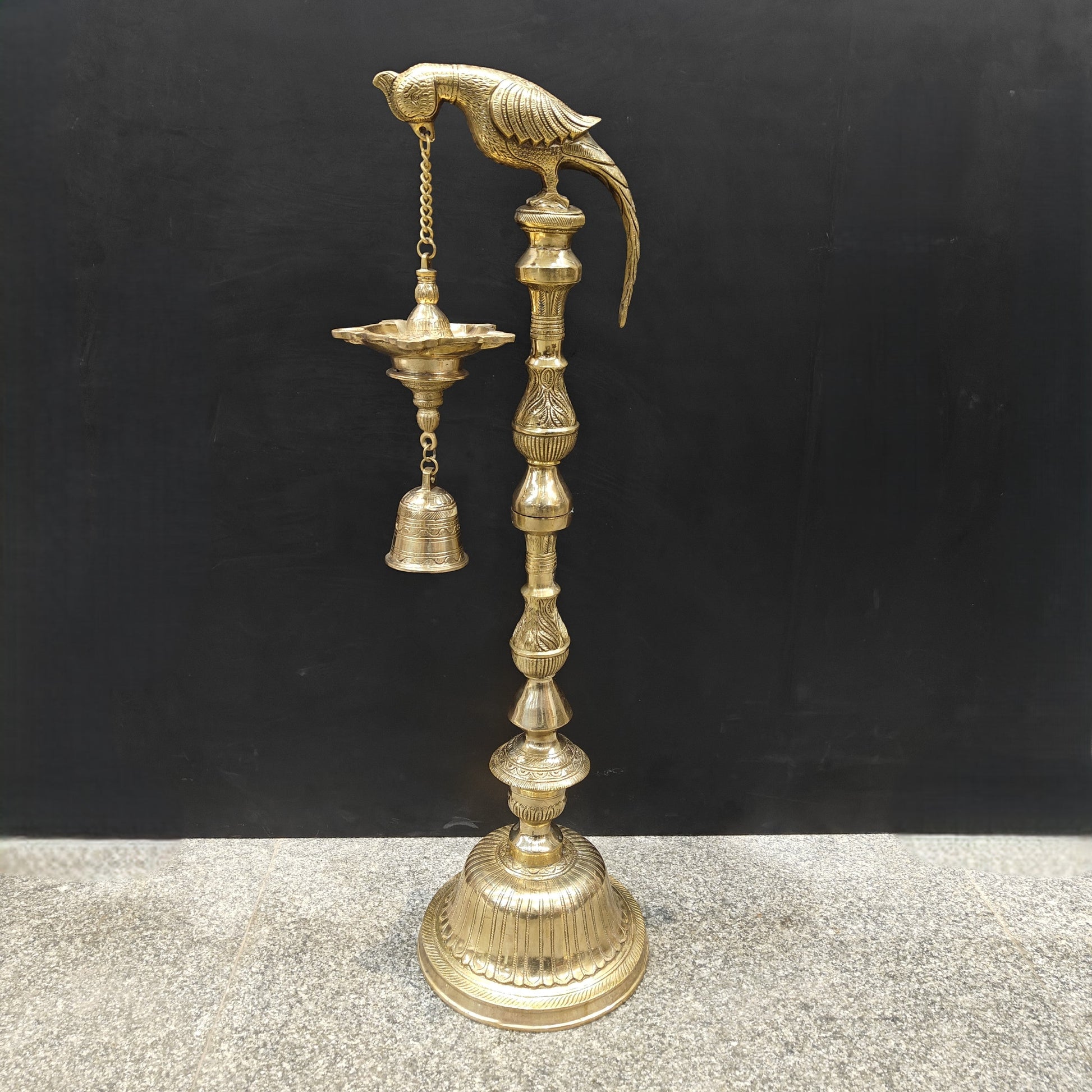 Brass Large Parrot Lamp Diya With Bell 3 Feet - Eco-friendly - Sama Homes