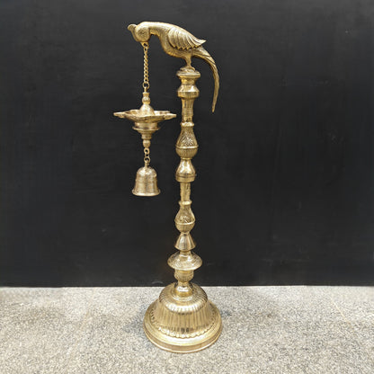 Brass Large Parrot Lamp Diya With Bell 3 Feet by vendor-unknown - Spiritual