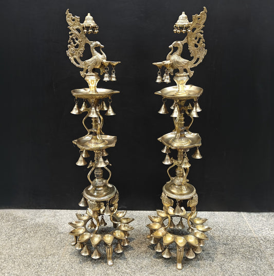 Brass Large Peacock Lamp Diya Pair With Bells 3.5 Feet