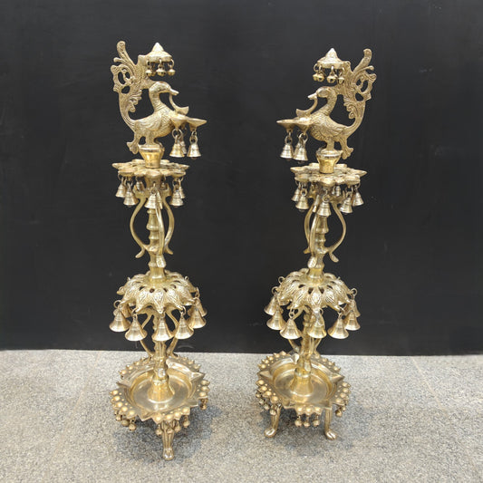 Brass Large Peacock Lamp Diya Pair With Bells For Home Decor 3 Feet