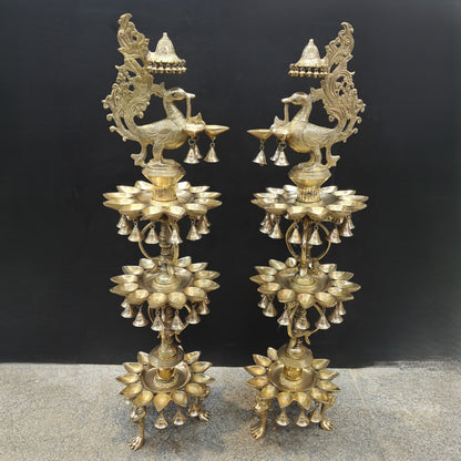 Brass Large Peacock Lamp Diya Pair With Bells & Ghungroos 4 Feet by vendor-unknown - Spiritual