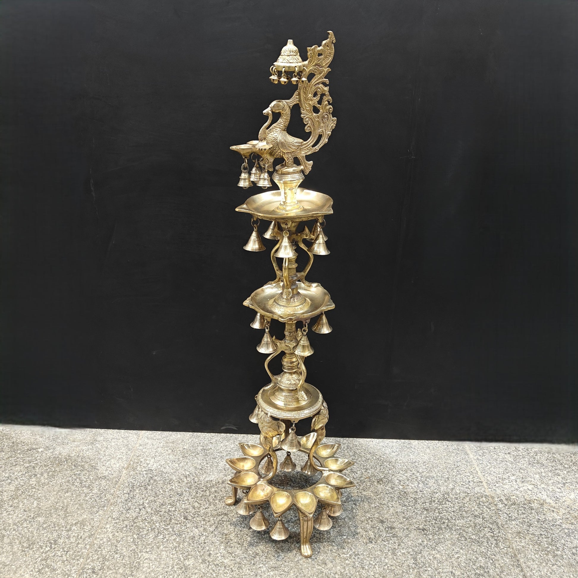 Brass Large Peacock Lamp Diya With Bells 3.5 Feet - Eco-friendly - Sama Homes