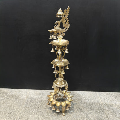 Brass Large Peacock Lamp Diya With Bells 3.5 Feet by vendor-unknown - Spiritual