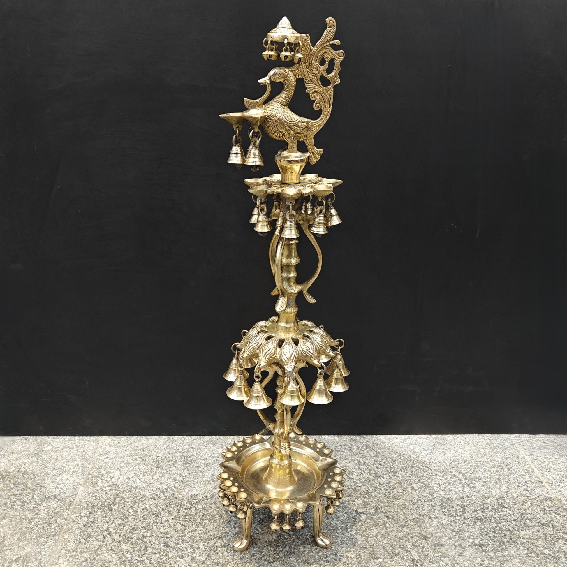 Brass Large Peacock Lamp Diya With Bells For Home Decor 3 Feet - Eco-friendly - Sama Homes
