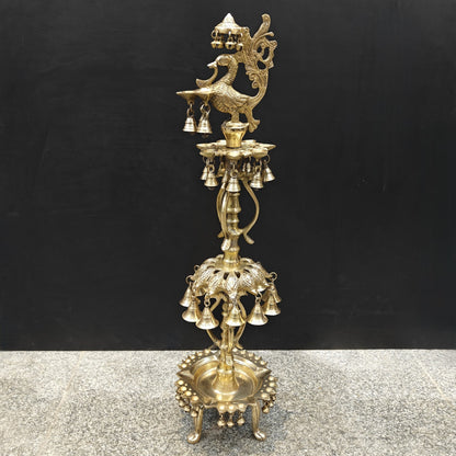 Brass Large Peacock Lamp Diya With Bells For Home Decor 3 Feet by vendor-unknown - Spiritual