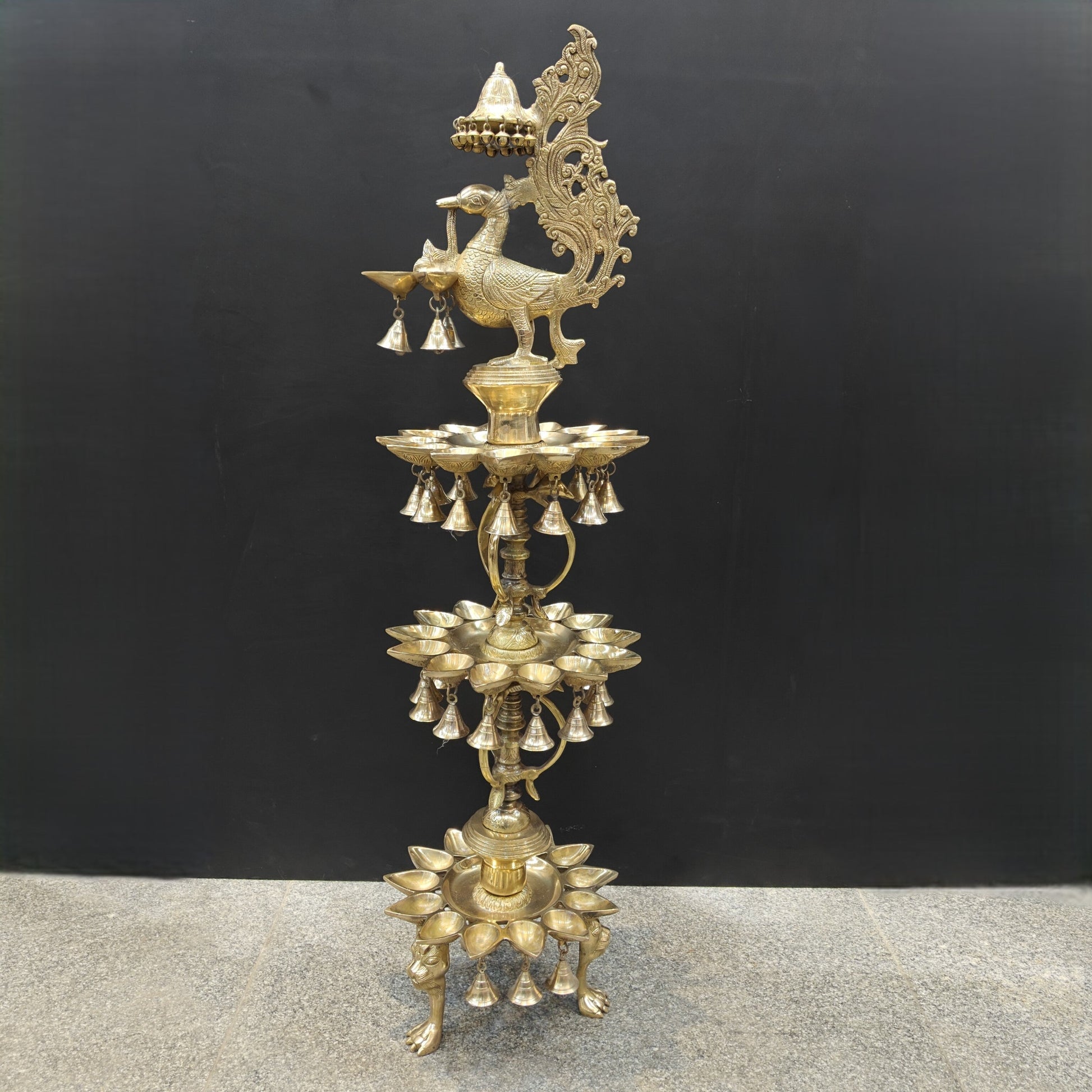 Brass Large Peacock Lamp Diya With Bells & Ghungroos 4 Feet - Eco-friendly - Sama Homes