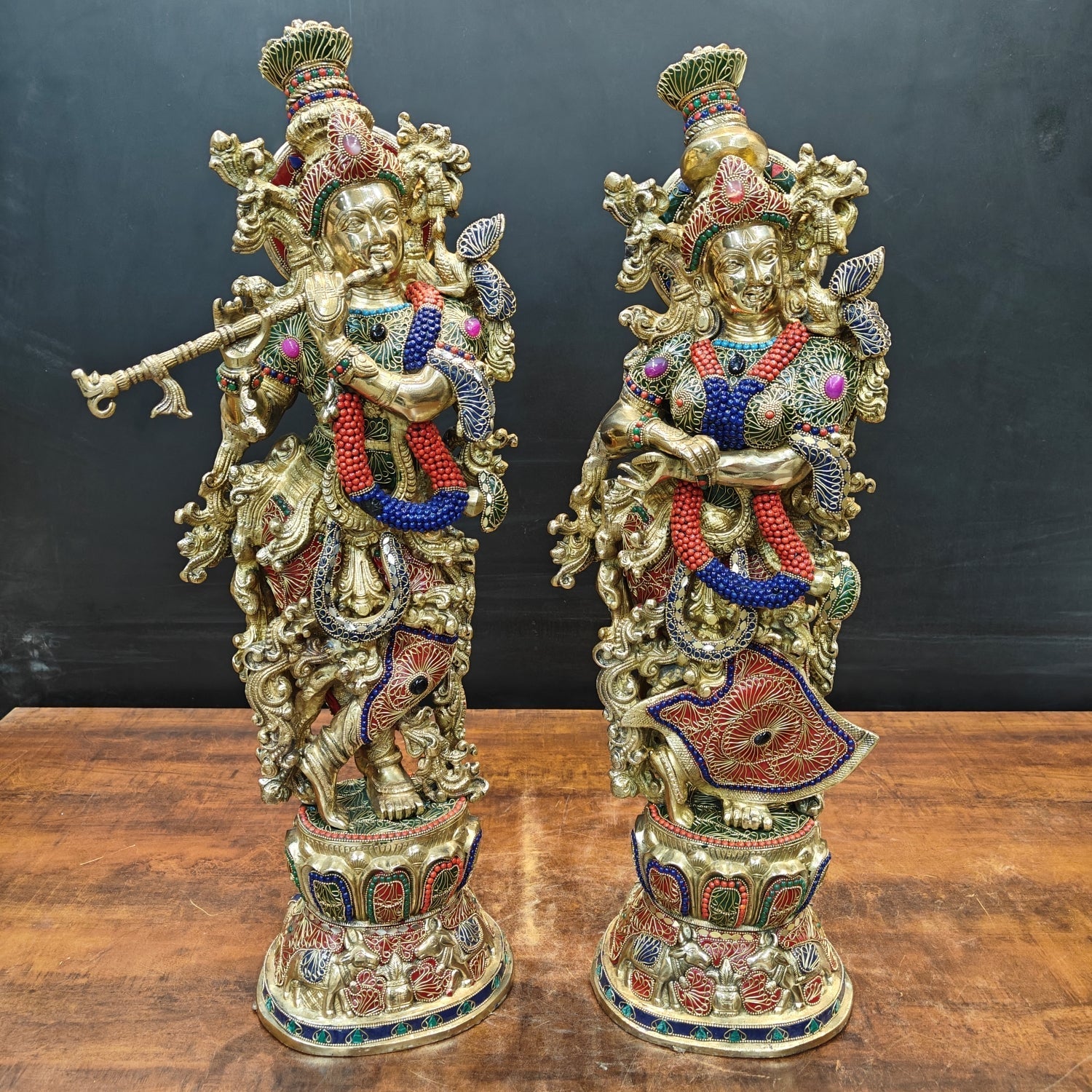 Brass Large Radha Krishna Idols With Stone Work 30 Inches - Eco-friendly - Sama Homes