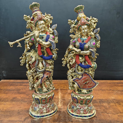 Brass Large Radha Krishna Idols With Stone Work 30 Inches by vendor-unknown - Hindu Gods