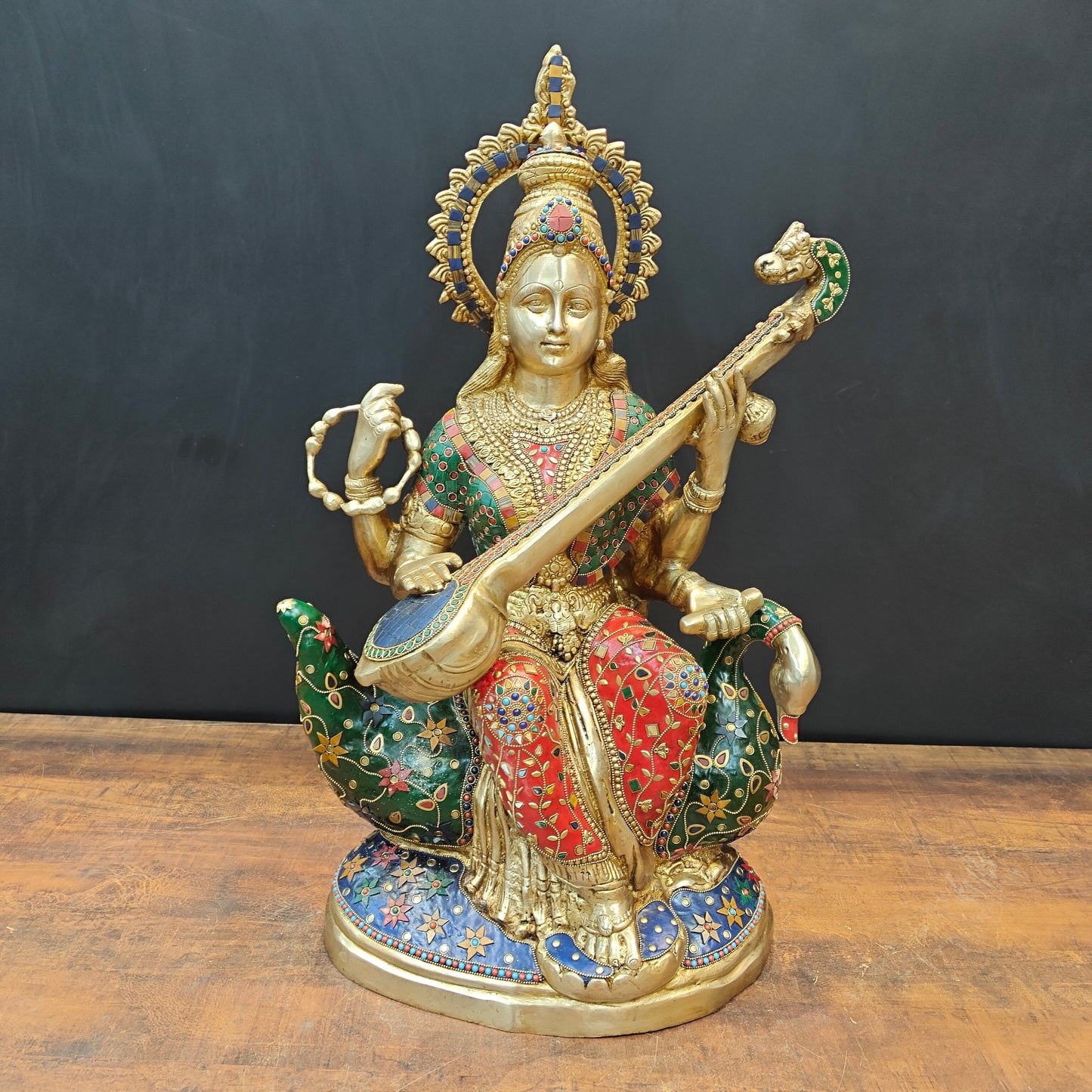 Brass Large Saraswati Idol On Swan Playing Veena Stone Work 28 Inch