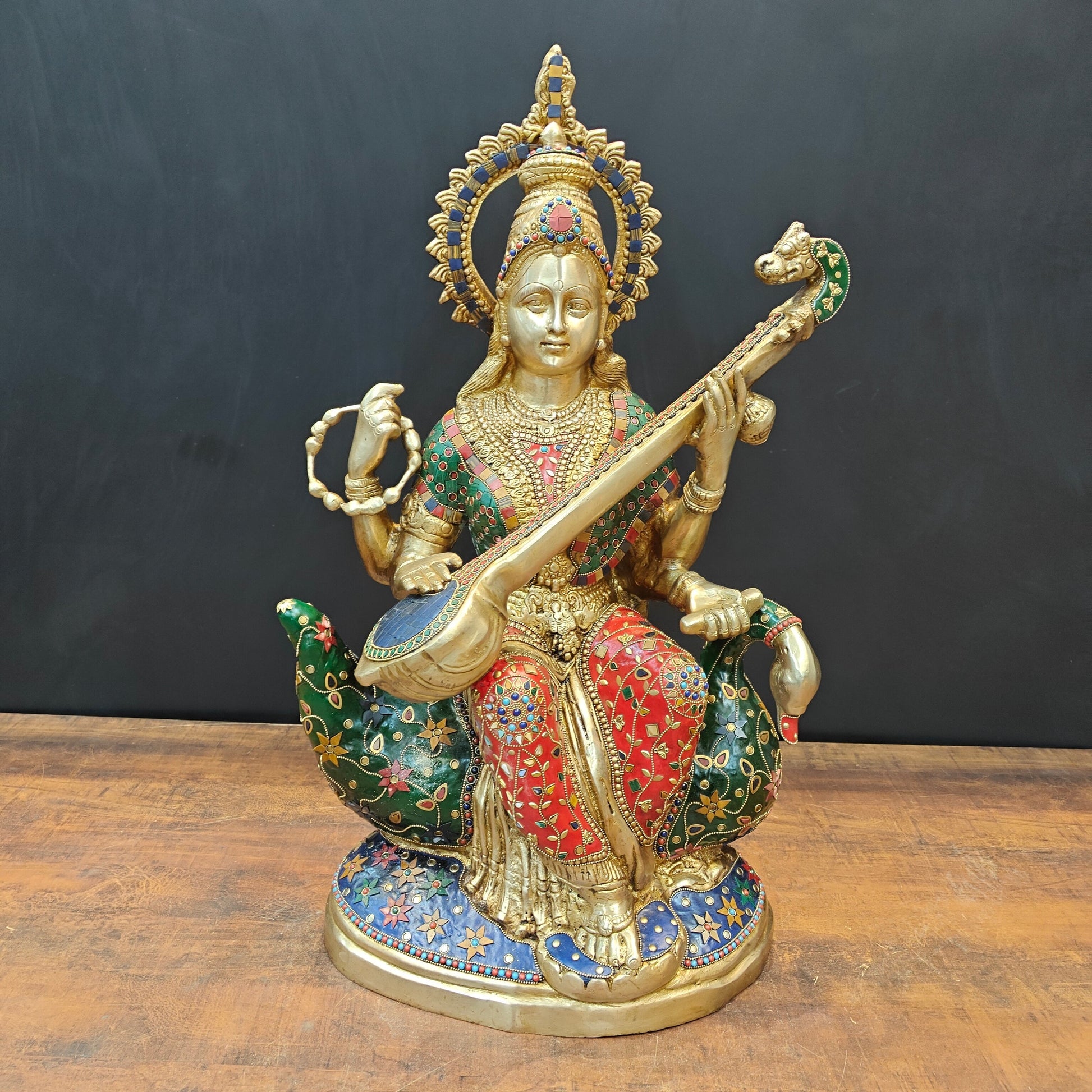 Brass Large Saraswati Idol On Swan Playing Veena Stone Work 28 Inch - Eco-friendly - Sama Homes