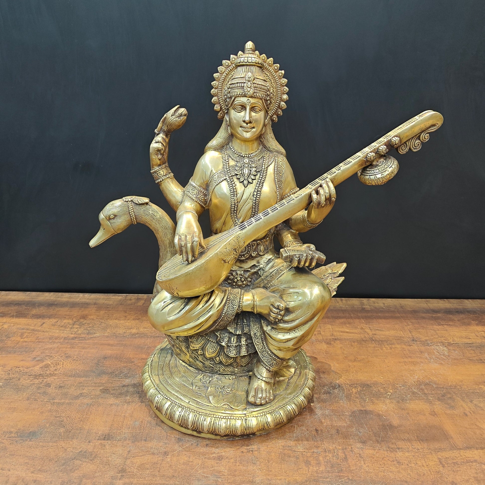 Brass Large Saraswati Statue On Swan Playing Veena 2 Feet - Eco-friendly - Sama Homes
