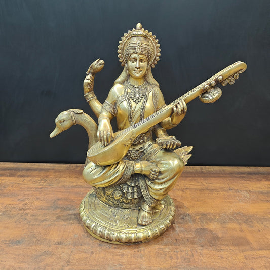Brass Large Saraswati Statue On Swan Playing Veena 2 Feet