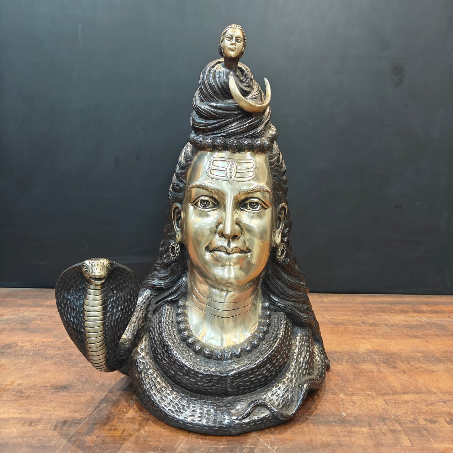 Brass Large Shiva Head Bust With Moon and River Ganga 27 Inch
