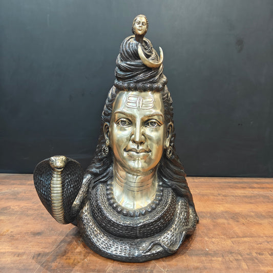 Brass Large Shiva Head Bust With Moon and River Ganga 27 Inch