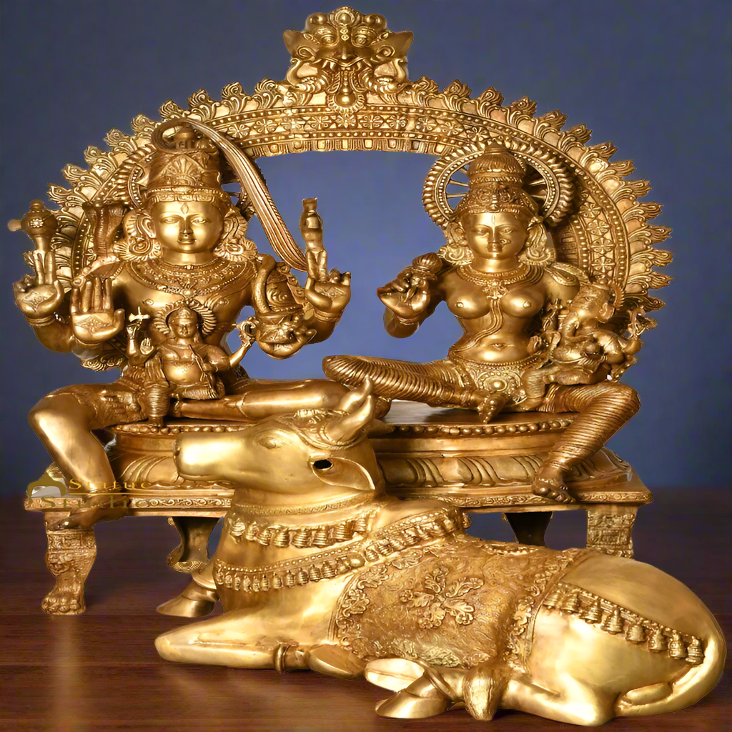 Brass Large Shiva Parivar Family Idol With Nandi Home Temple Décor Statue 4.5 Feet - Eco-friendly - Sama Homes