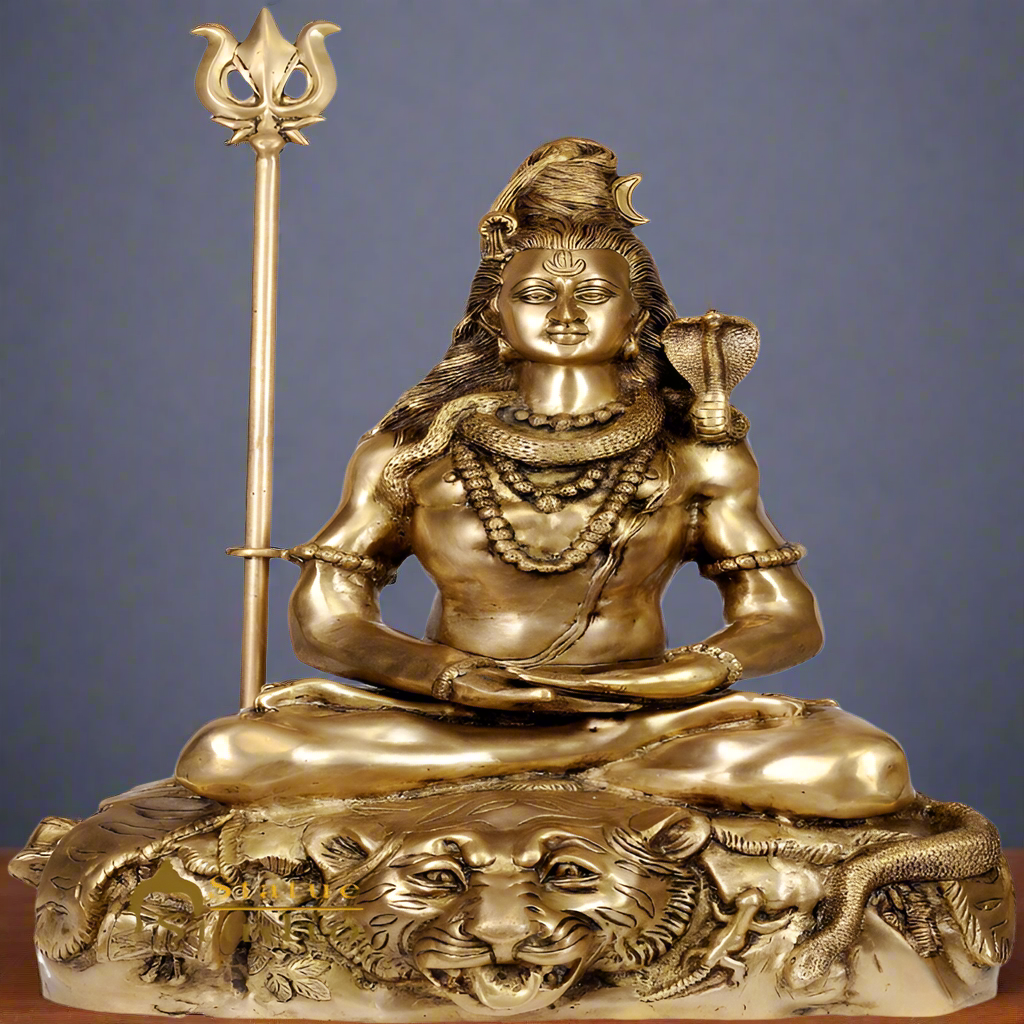 Brass Large Size Indian Cosmic Mahadev Sitting Shiva The Destroyer 31" - Eco-friendly - Sama Homes