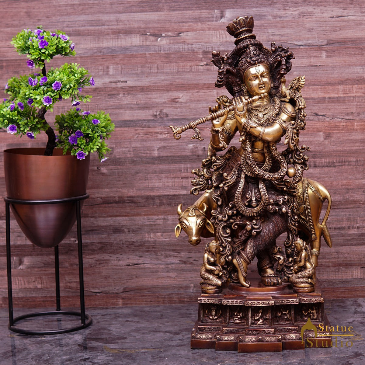 Brass Large Size Krishna With Cow Idol Home Office Garden Décor Statue 28" - Eco-friendly - Sama Homes