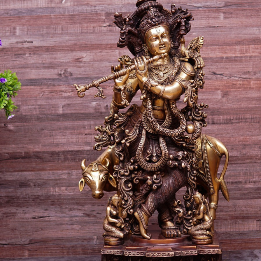 Brass Large Size Krishna With Cow Idol Home Office Garden Décor Statue 28" - Image 2