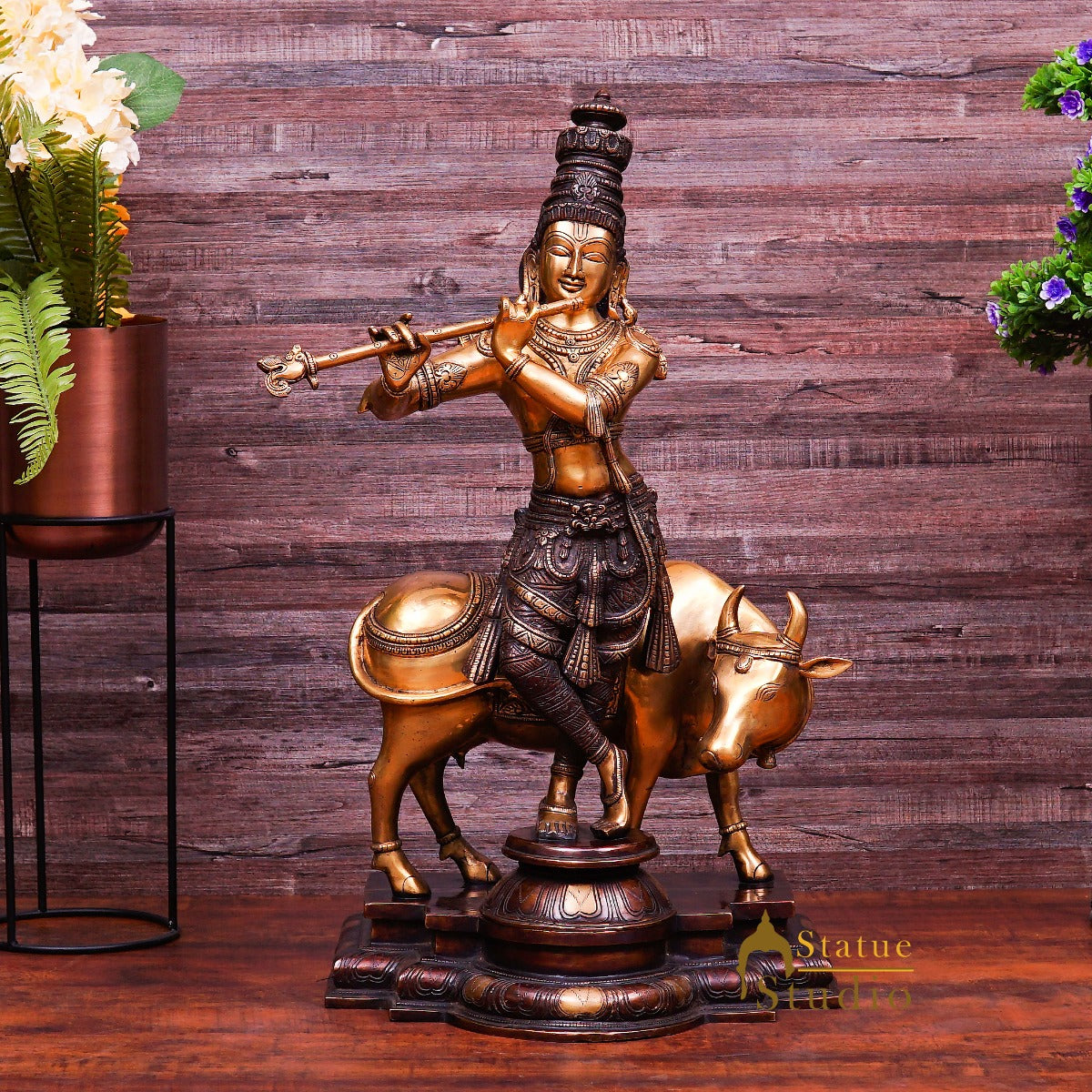 Brass Large Size Krishna With Cow Idol Home Office Garden Décor Statue 2 Feet - Eco-friendly - Sama Homes