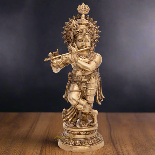 Brass Large Size Lord Krishna Idol With Peacock Feather 4 Feet