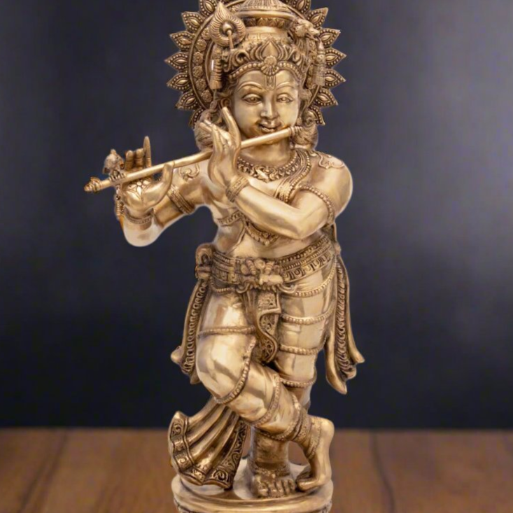 Brass Large Size Lord Krishna Idol With Peacock Feather 4 Feet - Image 2