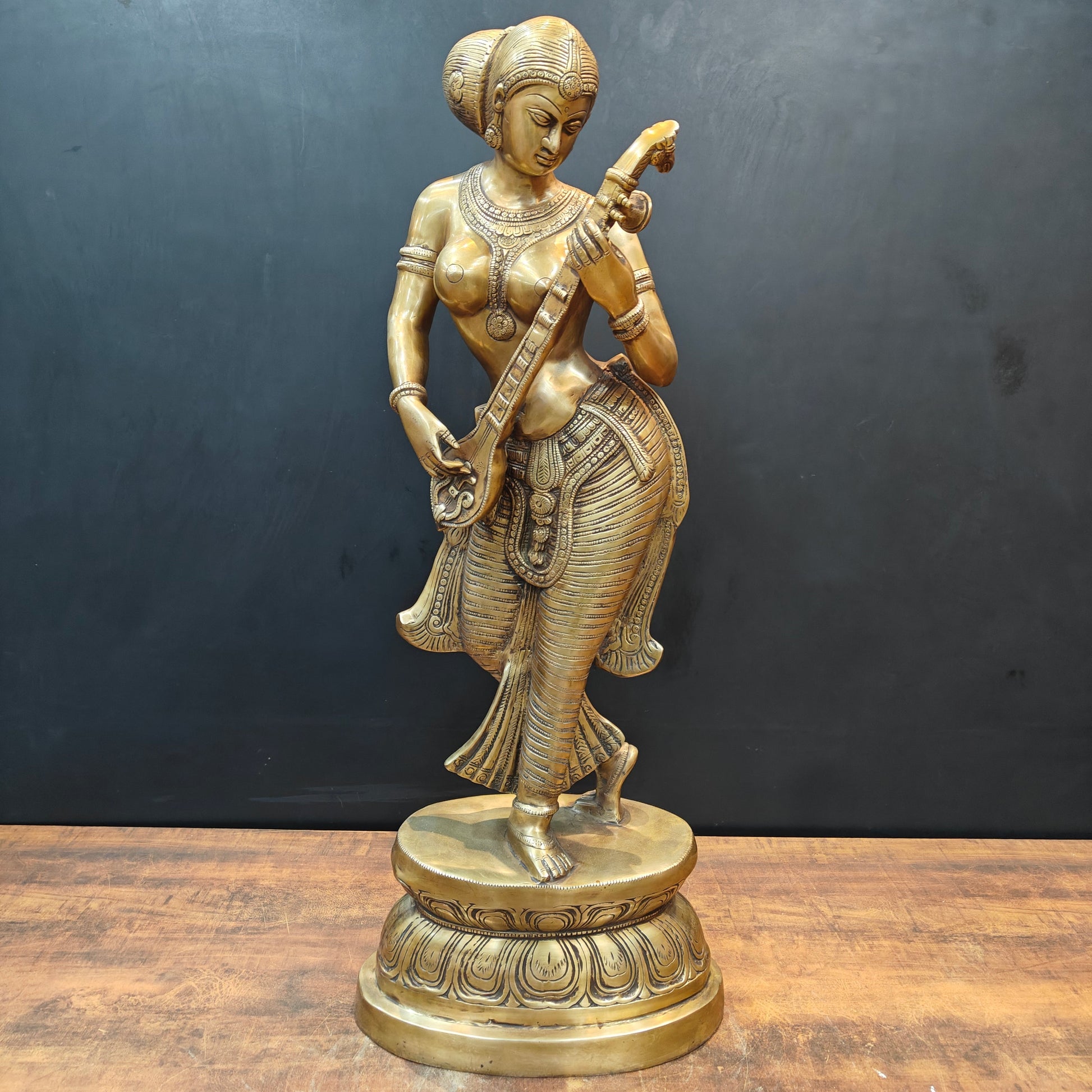 Brass Large Size Standing Goddess Saraswati Idol 3 Feet - Eco-friendly - Sama Homes