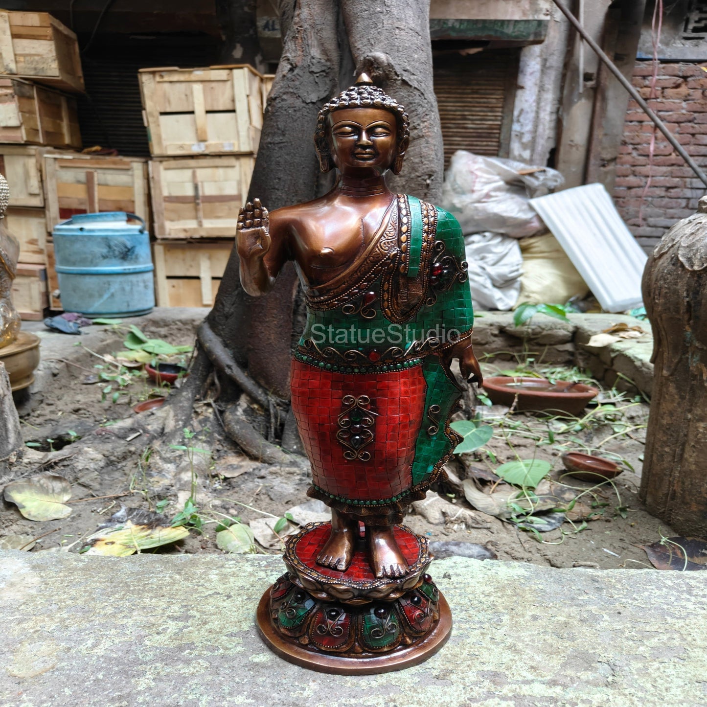 Brass Large Standing Buddha Statue Antique Stone Work For Home Decor 2 Feet