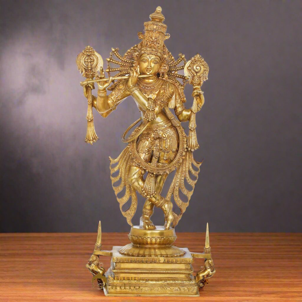 Brass Large Standing Krishna Idol Rare Masterpiece For Decor 3.5 Feet