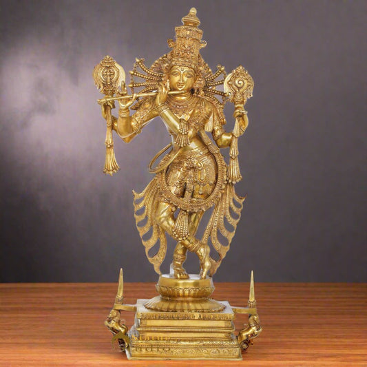 Brass Large Standing Krishna Idol Rare Masterpiece For Decor 3.5 Feet