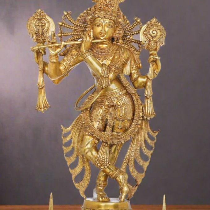 Brass Large Standing Krishna Idol Rare Masterpiece For Decor 3.5 Feet