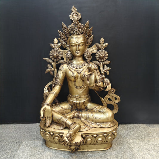 Brass Large Tibetan Buddhist Goddess Green Tara Antique Finish 5 Feet