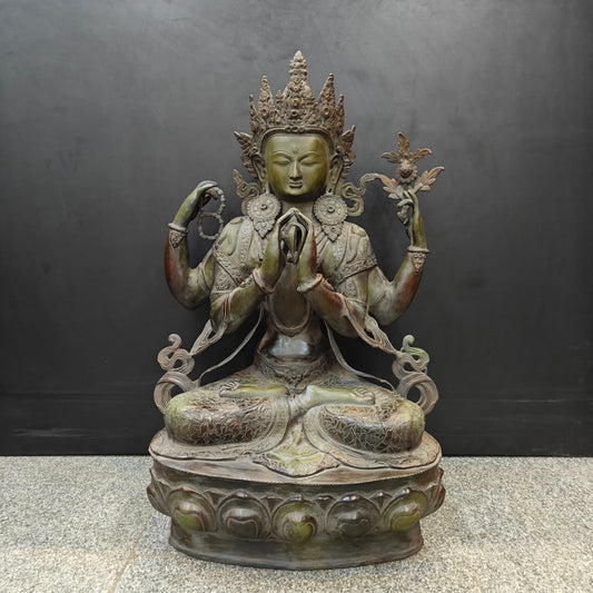 Brass Large Tibetan Buddhist Goddess Tara Four Arms Antique Finish 3 Feet