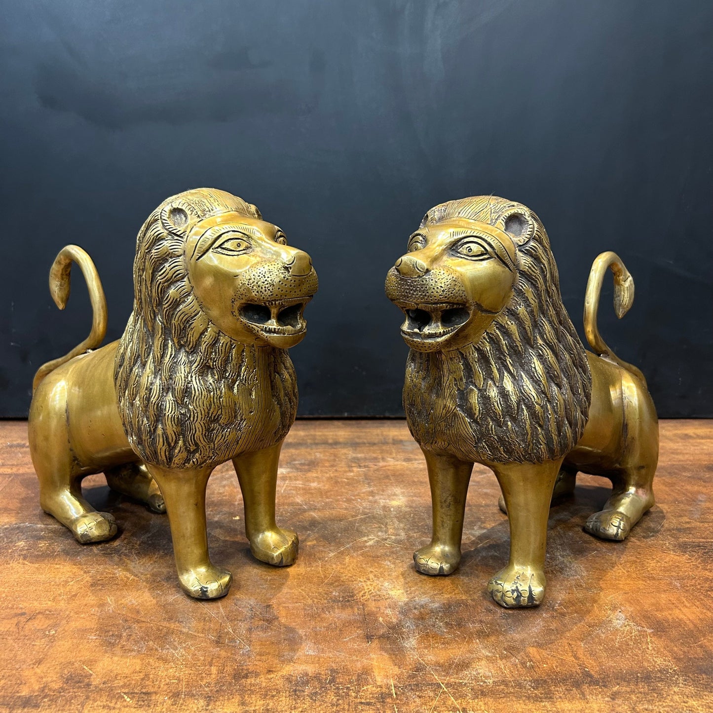 Brass Lion Pair Sculpture Antique Finish 12 Inch