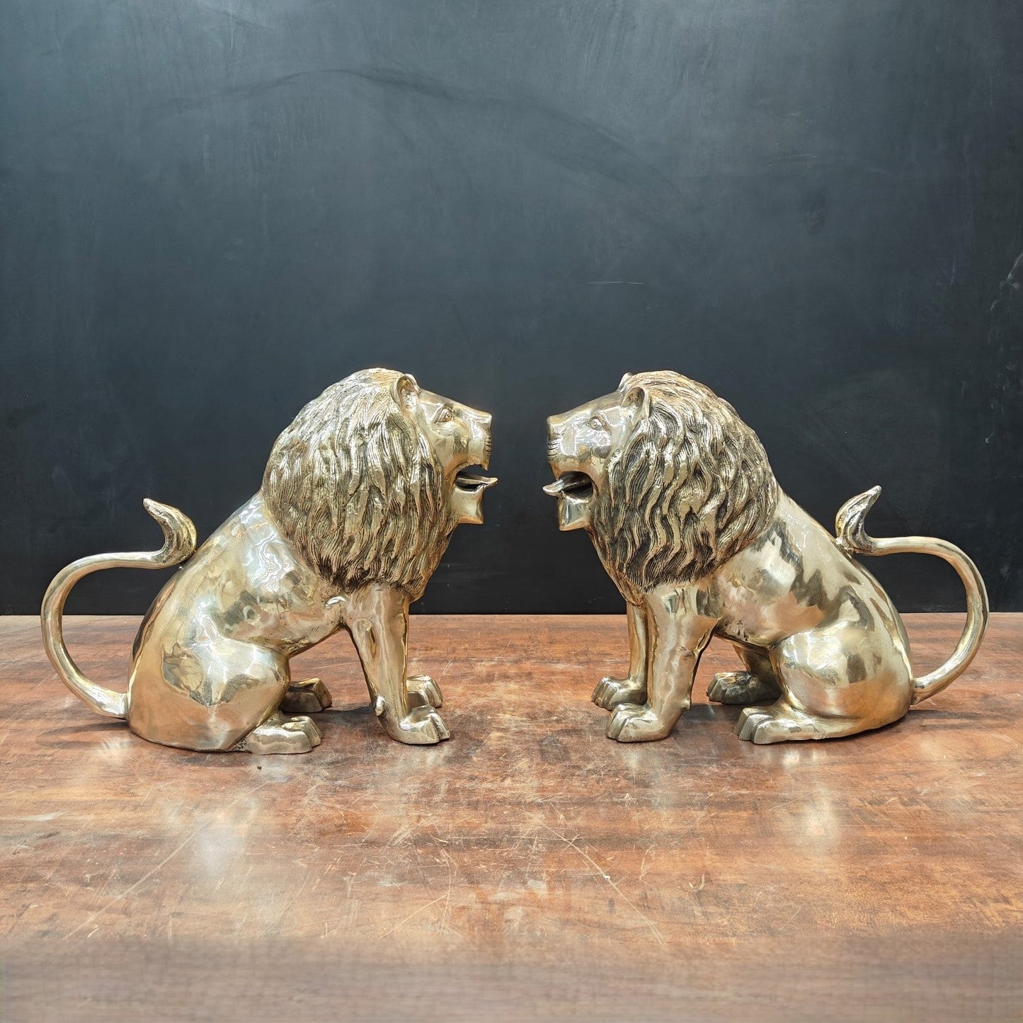 Brass Lion Statue Pair Sculpture Antique Finish Decor Showpiece 17 Inch