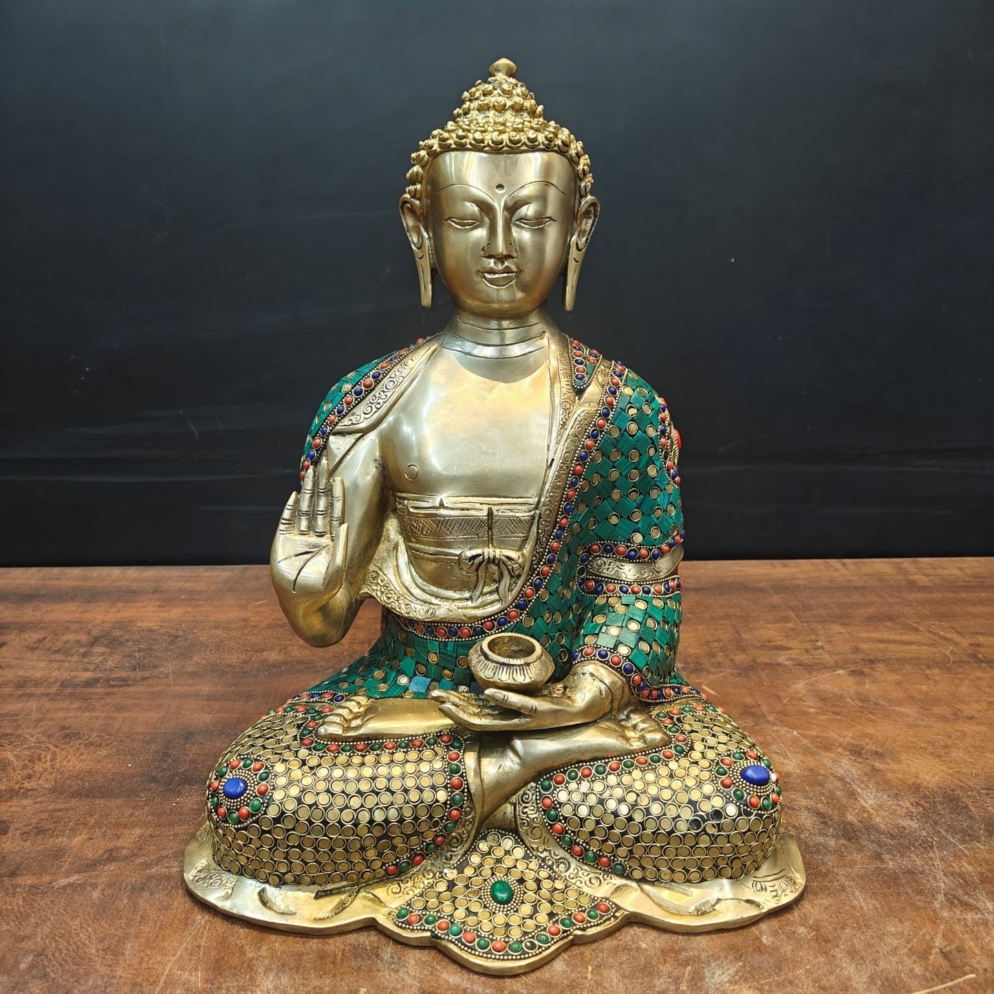 Brass Lord Buddha Statue In Blessing Mudra With Stone Work 16 Inch