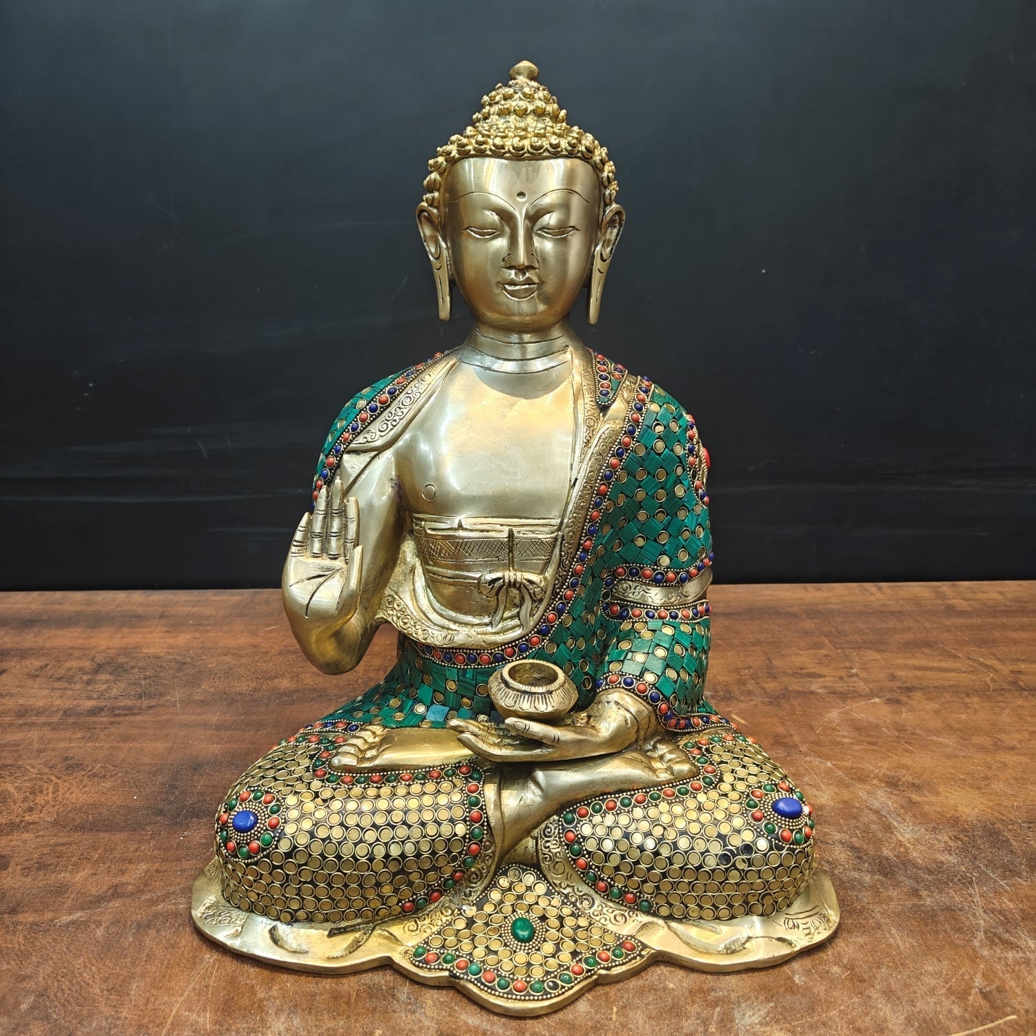 Brass Lord Buddha Statue In Blessing Mudra With Stone Work 16 Inch - Eco-friendly - Sama Homes