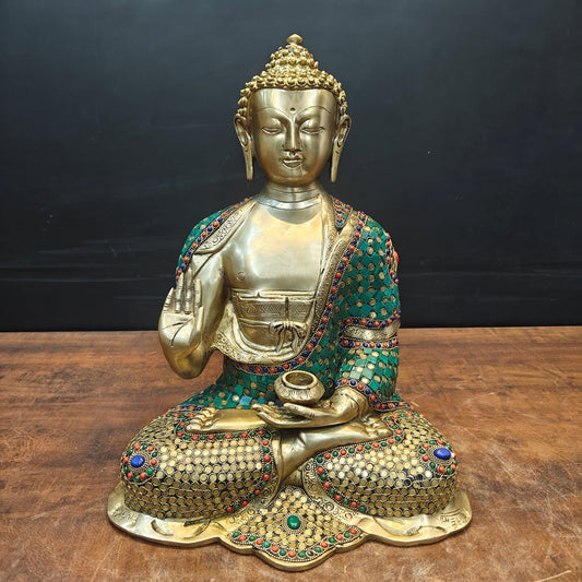 Brass Lord Buddha Statue In Blessing Mudra With Stone Work 16 Inch