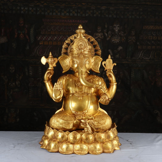 Brass Lord Ganesha Statue On Lotus Base For Home Decor 2 Feet