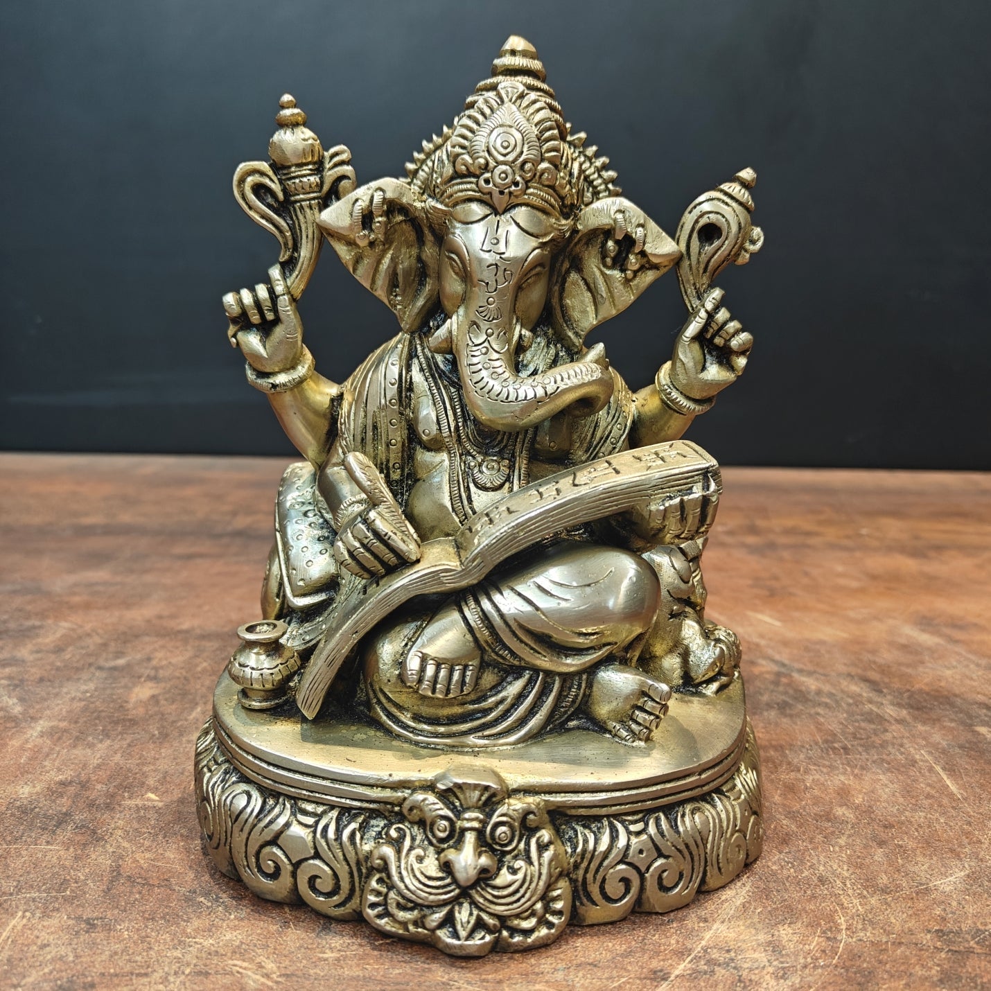 Brass Lord Ganesha Statue Writing Mahabharata 8 Inch - Eco-friendly - Sama Homes