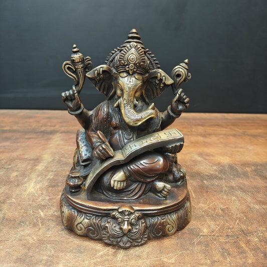 Brass Lord Ganesha Statue Writing Mahabharata Antique Finish 8 Inch
